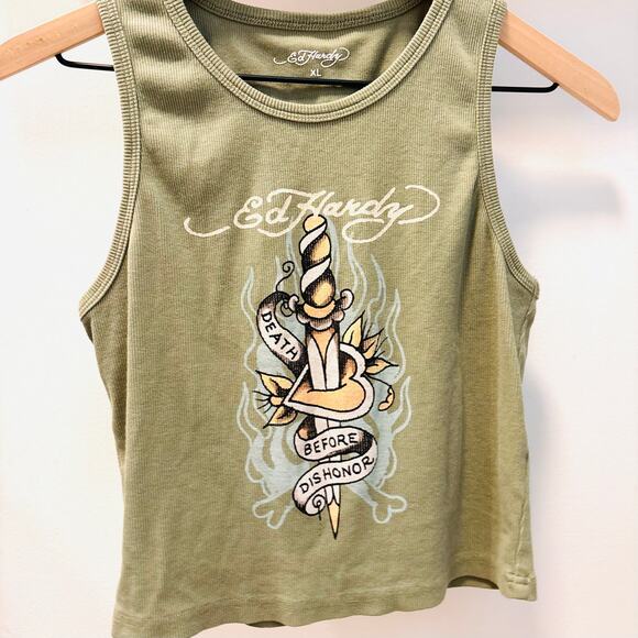 Ed Hardy Tops - Y2K Ed Hardy Ribbed Cropped Tiny Tank Top – Olive Green Dagger Tattoo Graphic XL